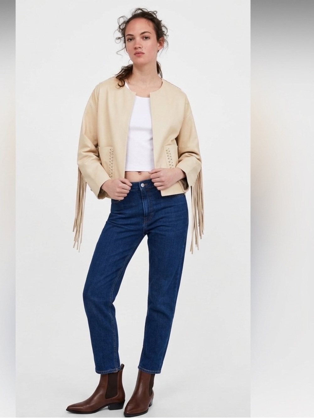 𝐙𝐀𝐑𝐀 Cream Boxy Leather Fringe Jacket XS